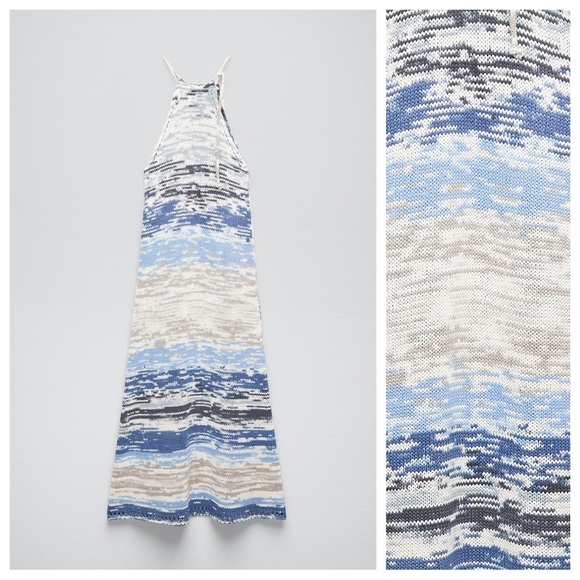 NWT. Zara White/Blue Knit Midi Dress. Size M. - Picture 4 of 9